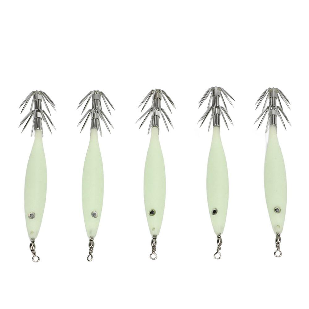 5PCS Luminous Squid Jigs High Carbon Steel Hook 8cm Squid Jig Saltwater Lure with 360° Swivel Artificial Bait Freshwater Fishing