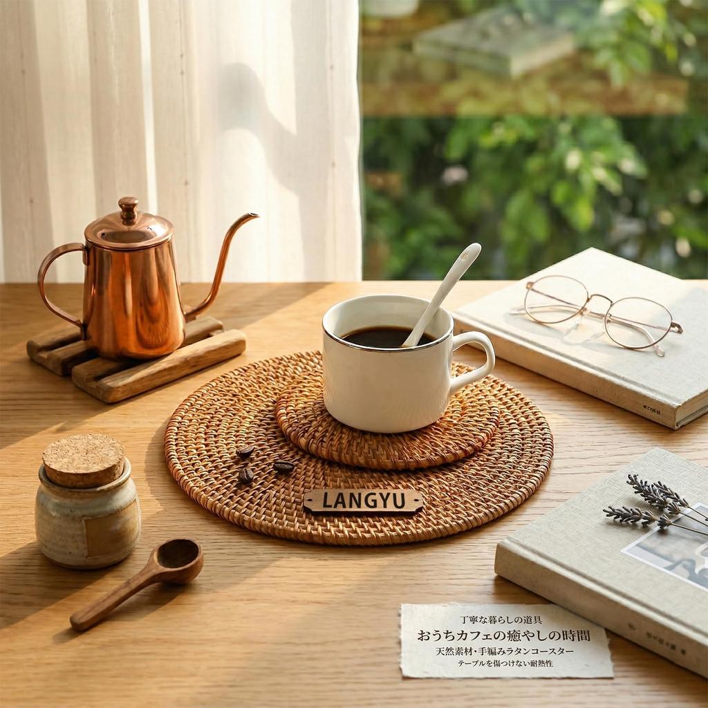 [LANGYU] Rattan Pot Mat, Heat Resistant, Thick 0.5cm, Round, Washable, Handmade, Woven, Scandinavian Style, Stylish, Home Cafe Coaster, Small Item