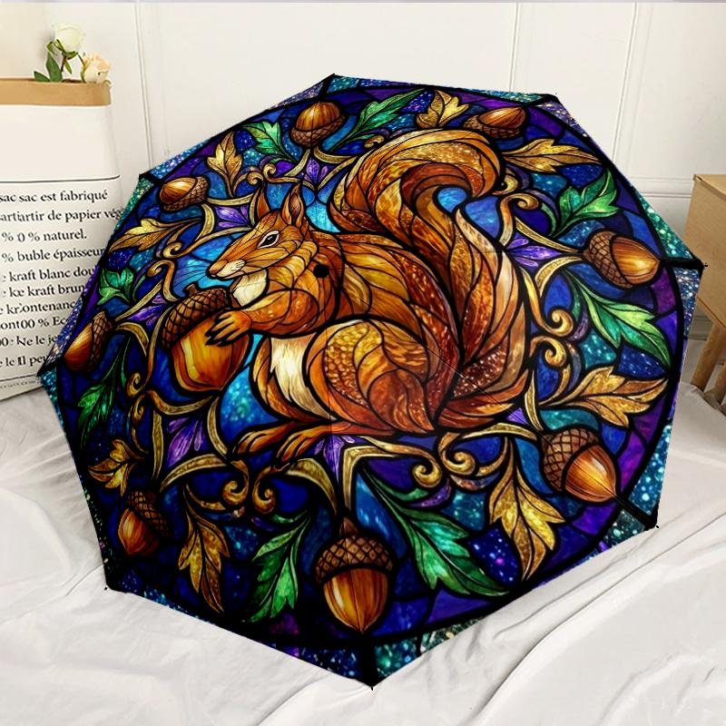 Squirrel And Acorns Stained Glass 8-Frame for Travel, Camping, Casual Lightweight Portable Umbrella, Essential for Every Family Holidays Birthday Gift