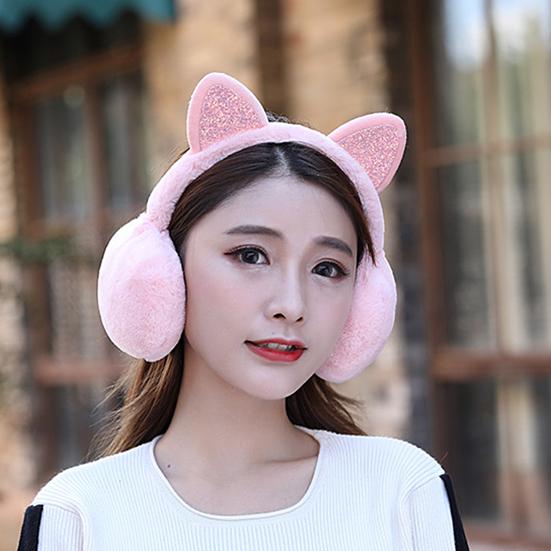 Women Lovely Winter Cats Ear Warmer Shiny Glitter Earmuff Cold Protection Warmer
