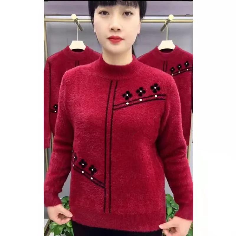 

Women s Fall and Winter Thickened WarmSweater Middle-aged and Elderly Long-sleeved Casual Bottoming Shirt S вина червоного кольору