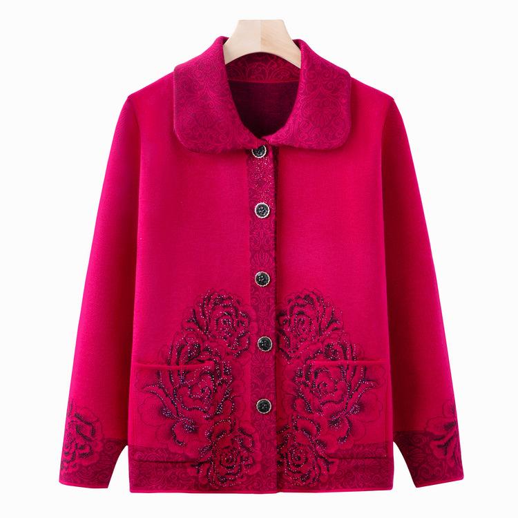 Mom Puts Knitted Cardigan Autumn and Winter Long-sleeved Tops for Middle-aged and Elderly People Plus Velvet Thickened Grandma Clothes Winter Sweater