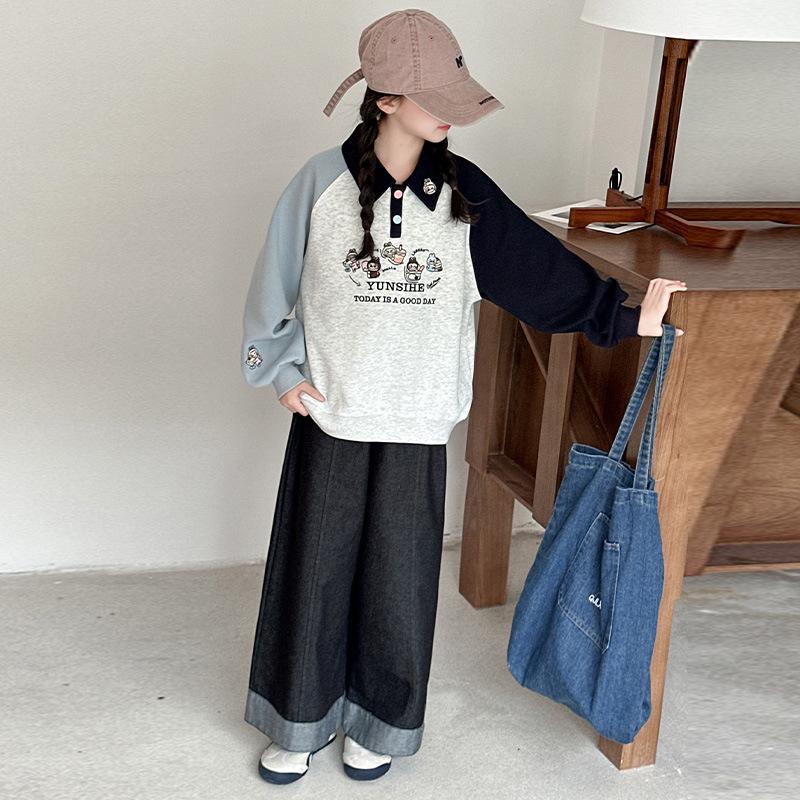 Mädchen 2025 Herbst Polokragen Raglanärmel Sweatshirt - Stilvolles Herbstoberteil für mittlere und große Kinder