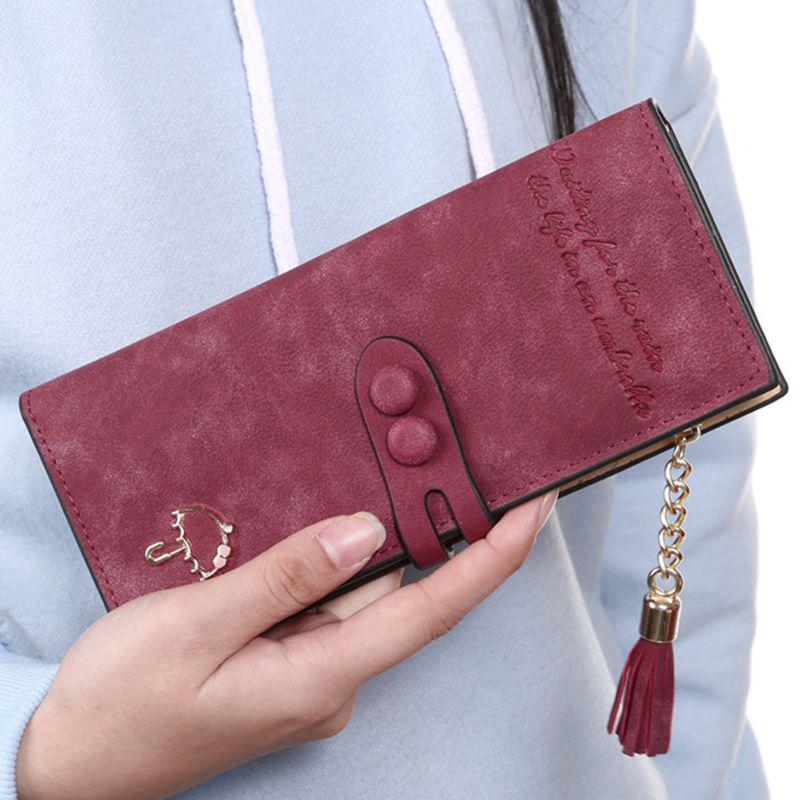 Elegant Women Leather Card Holder Long Trifold Wallet With Tassel And Checkbook Pocket