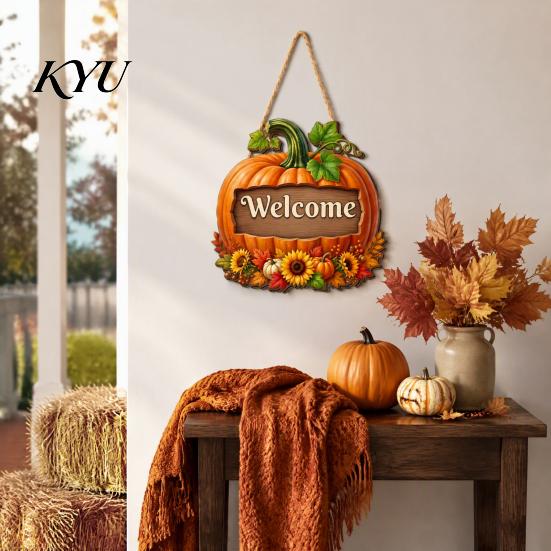 Thanksgiving Holiday Decoration Autumn Pumpkin Gnome Welcome Sign for Front Door, Rustic Wood Hanging Festive Harvest Festival Decor Ornament