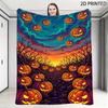 Vibrant Spooky Halloween Scene Throw Blanket, Glowing Jack-o'-Lanterns Twisted Eerie Trees & Floating Spiders Design, Multiple S