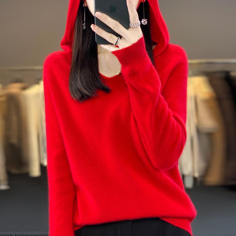 Women's V-Neck Hooded Wool Sweater - Autumn/Winter Loose Knit Pullover