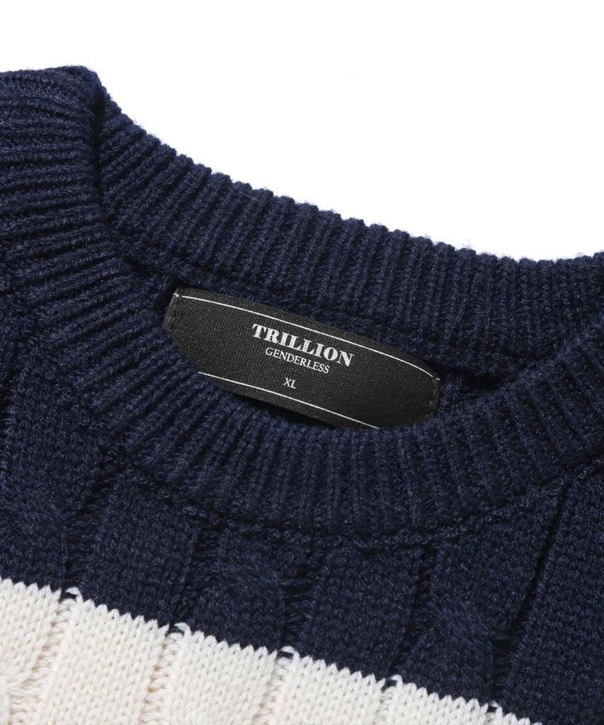 TRILLION Washable Boat Embroidery Cable Crew Neck Knit (Navy Stripe)