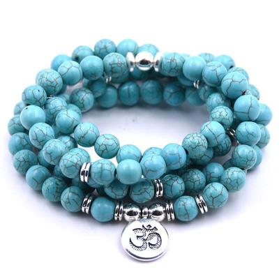 Bracciale Multistrato Turchese e Agata con Ciondolo in Roccia Vulcanica e Ambra