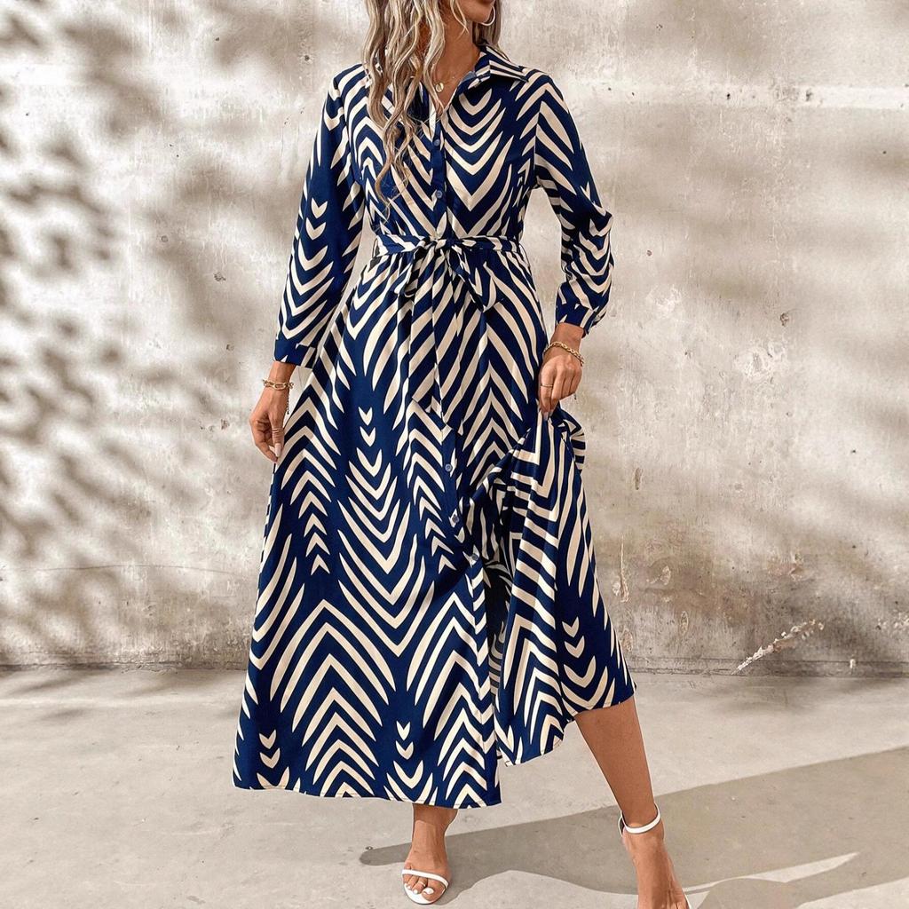 Women's Striped Long Sleeve Shirt Dress with High Slit and Belt