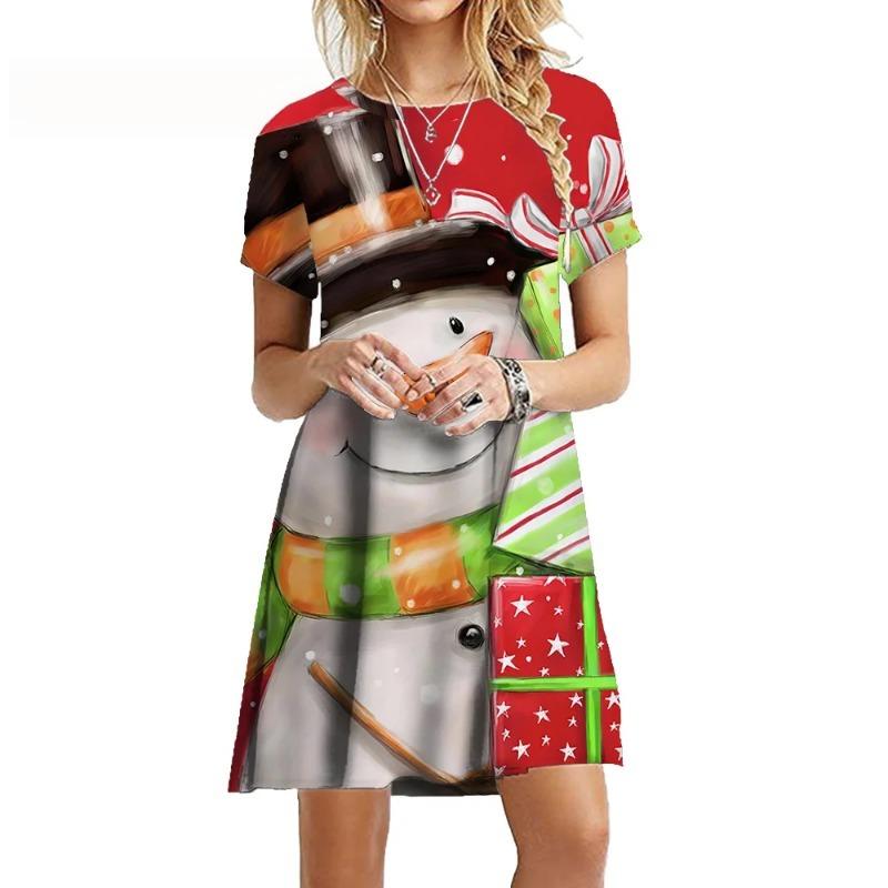 Funny Women Party Christmas Snowman Dress 2024 New Fashion Cute Christmas Style Loose Dress Sweet Casual Short Sleeve Mini Dress
