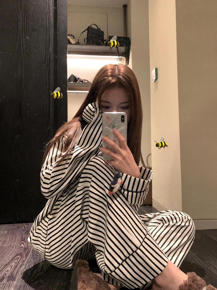 

Korean version of lazy stripes spring and autumn new pajamas women s long-sleeved trousers large-size loungewear suit can be worn outside ins XXL