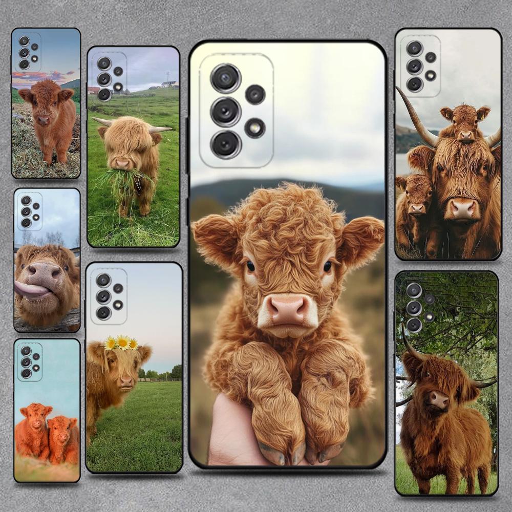 Mielas Škotijos galvijas telefono dėklas Samsung S25,S24,S21,S22,S23,S30,Ultra,S20,Plus,Fe,Lite,Note,10,9,5G Juodas dangtelis