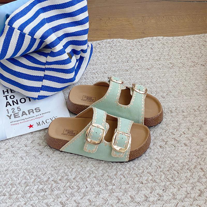 

Leather version~ One-pedal 4cm cork thick-soled Boken half-slippers summer outer wear holiday style beautiful cool slippers women 40