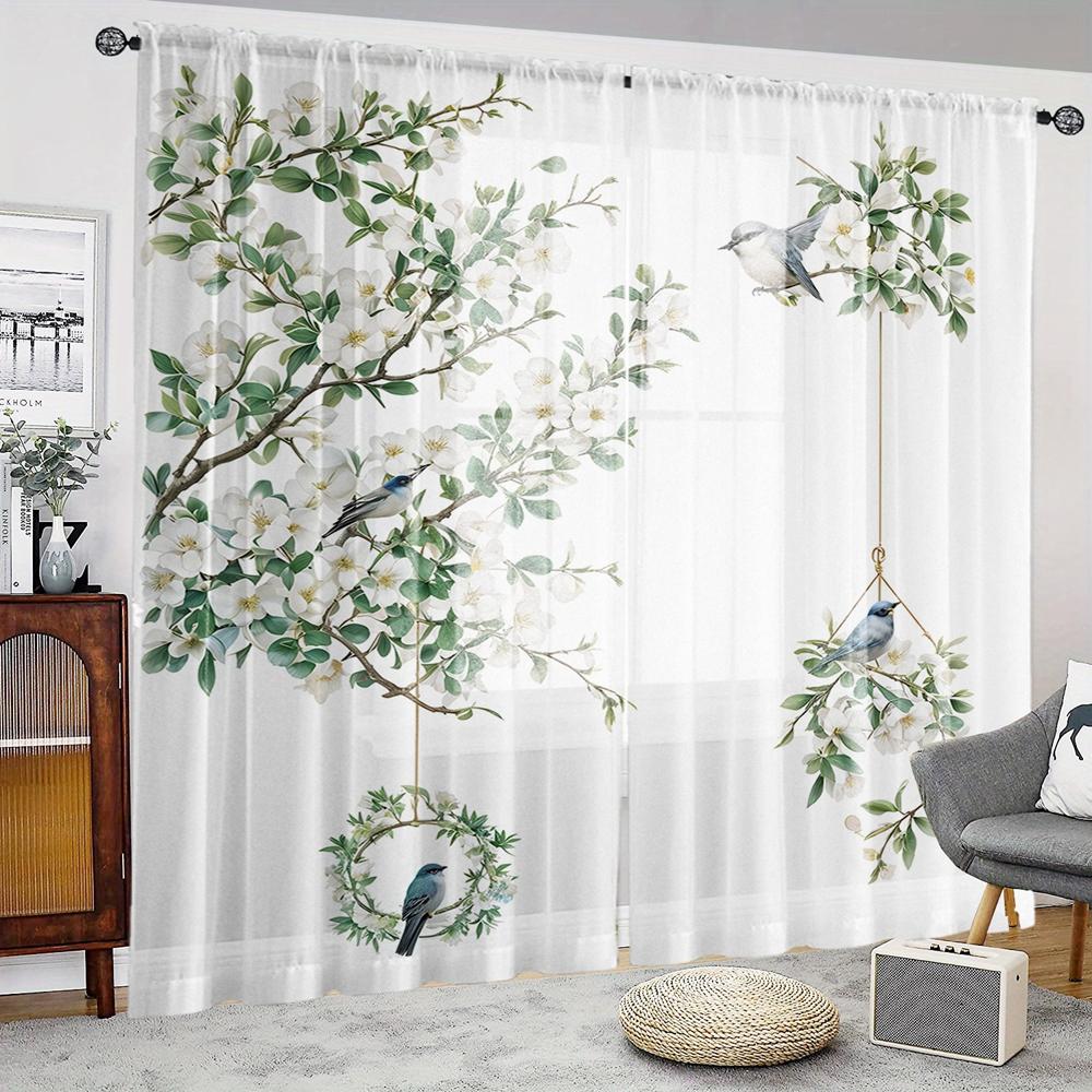 2 Pieces HD Digital Magpie Magnolia Flower Landscape Printed Window Screen Home Decorating Style Decorative Living Room Bedroom