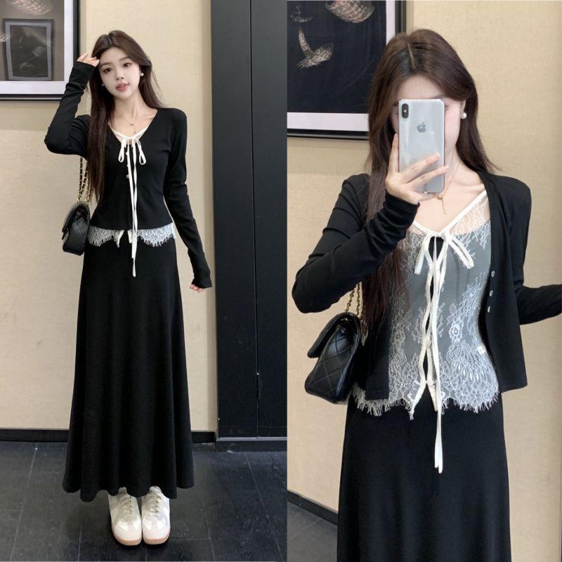 The new autumn French black long-sleeved dress women's clothing is popular this year, and the long dress is a suit.