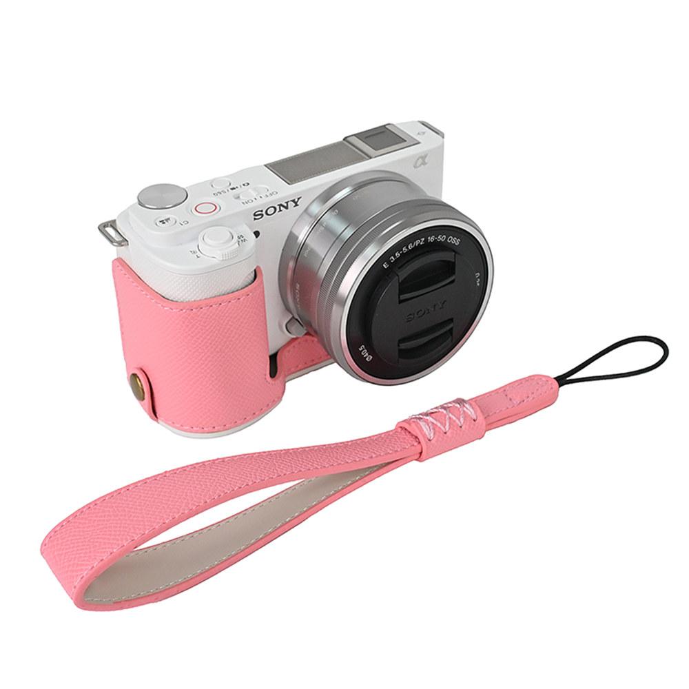 Kamera-Halbhülle aus PU-Leder mit Palmenmuster für Sony ZVE10 ZV-E10, Batterieöffnung mit Handschlaufe