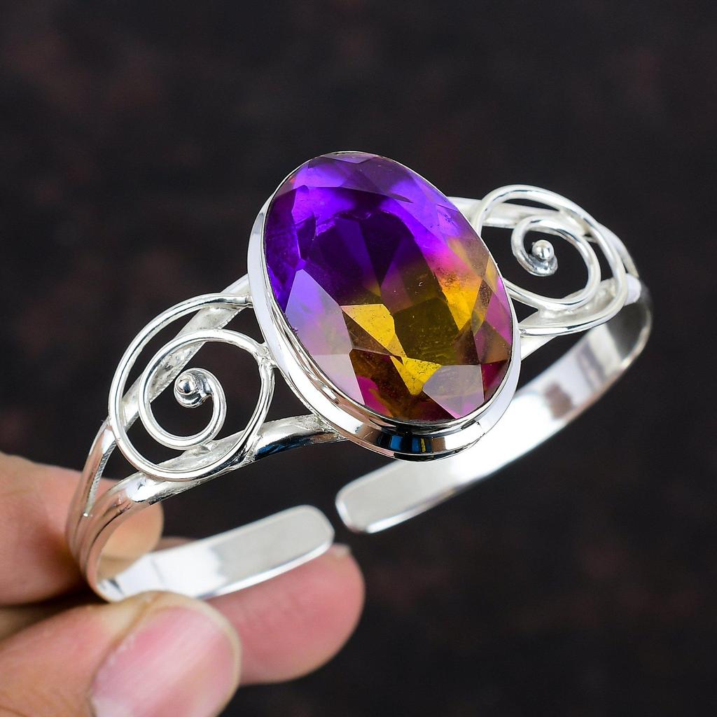 Faceted Ametrine Cuff Bracelet Gemstone Jewelry Adjustable Cuff Bracelet 925 Sterling Silver Bangle Handmade Bangle Antique Jewelry For Gift