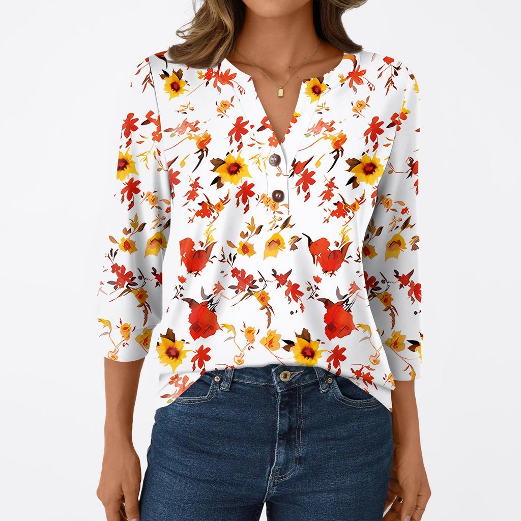 Women's Fashion Casual 3/4 Sleeve T-Shirt Prints V-Neck Button Top