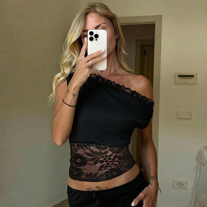 Damen Sexy Spitze Patchwork Schlanke Passform Ärmellos Schräger Kragen Einfarbiges T-Shirt Top