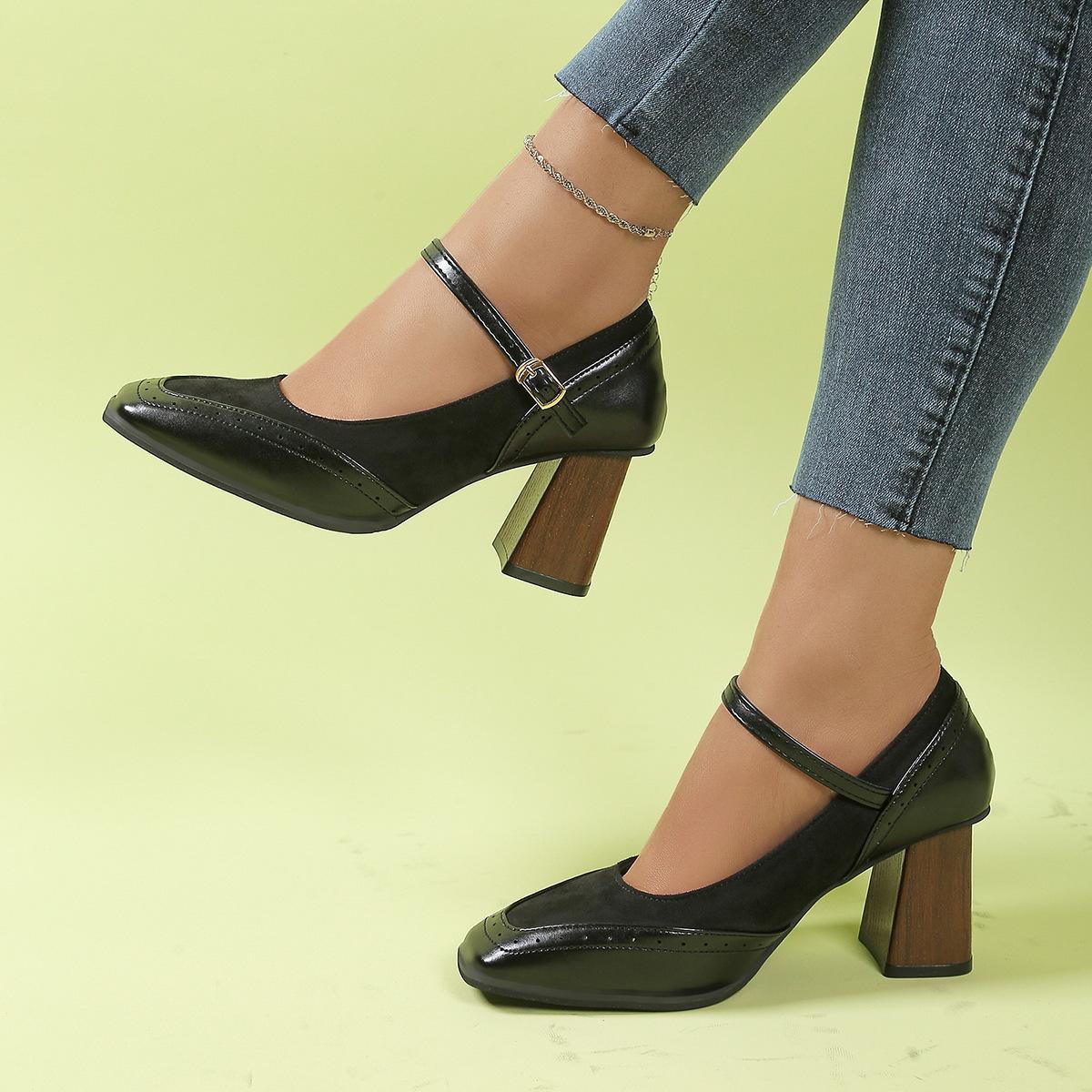 

New Fashion French Style Women s Black Square Toe Chunky Heel Thick Sole Buckle Slip-On Pumps Vintage Single Shoes for Ladies 42 чорний