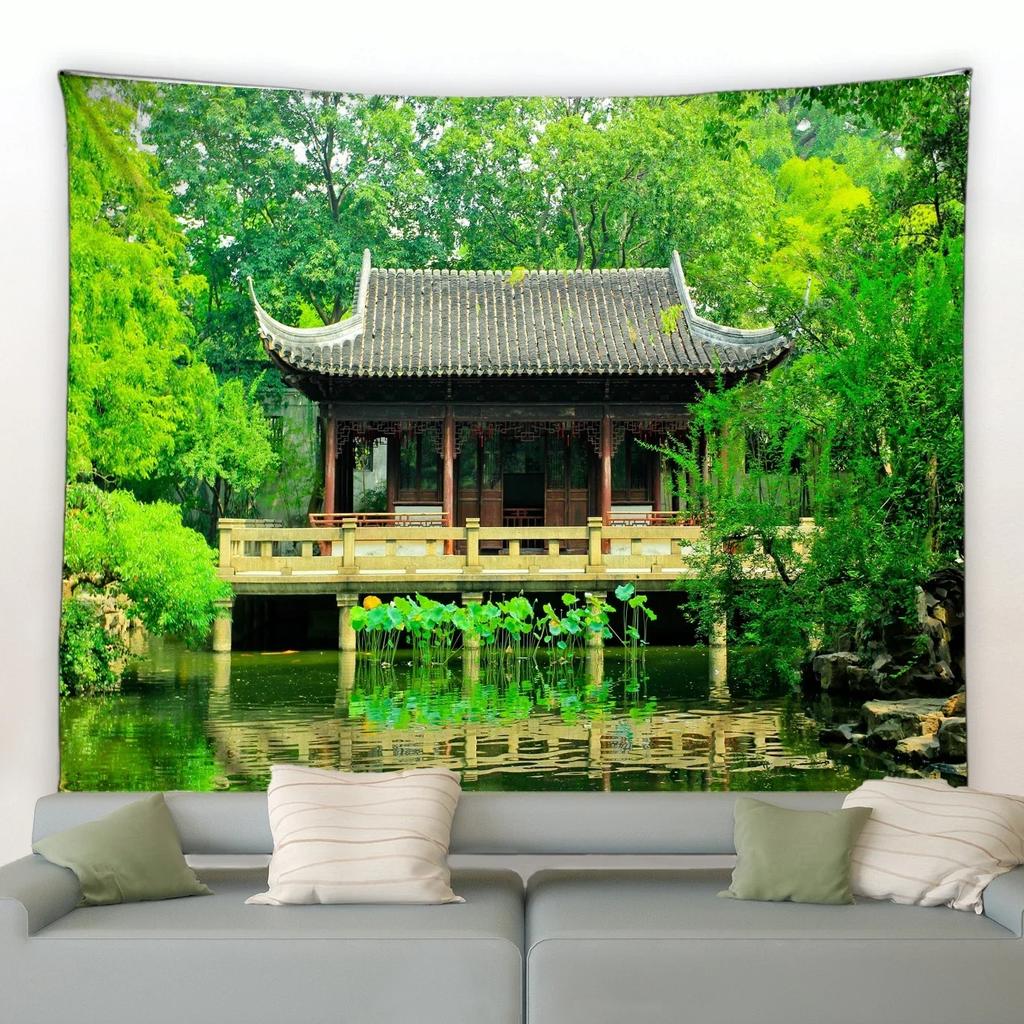 Chinese Style Landscape Architectural Wall Decoration Tapestry Home Living Room Tapestry