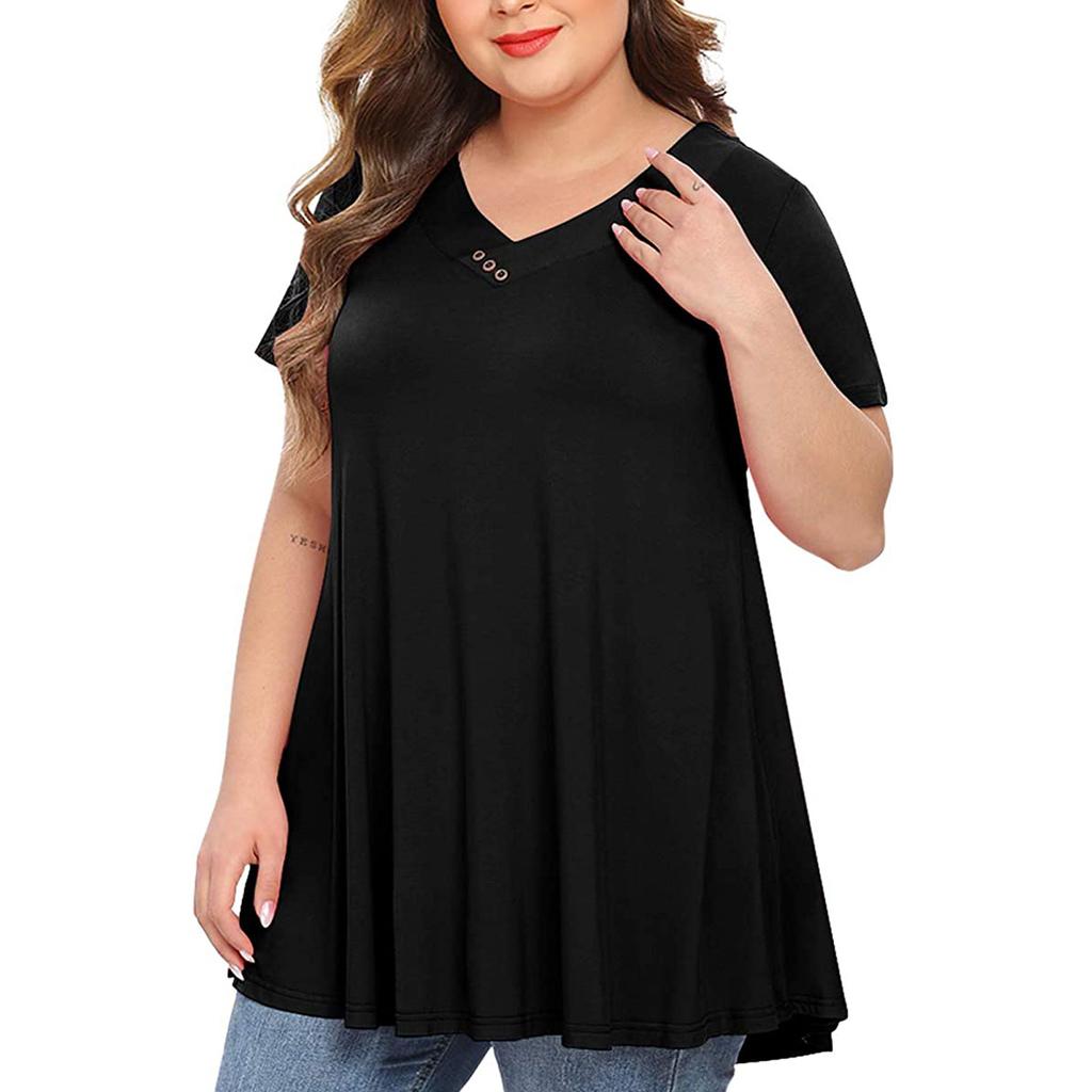 Large Size Women V-neck Button Short-Sleeved Color Loose Pullover T-shirt