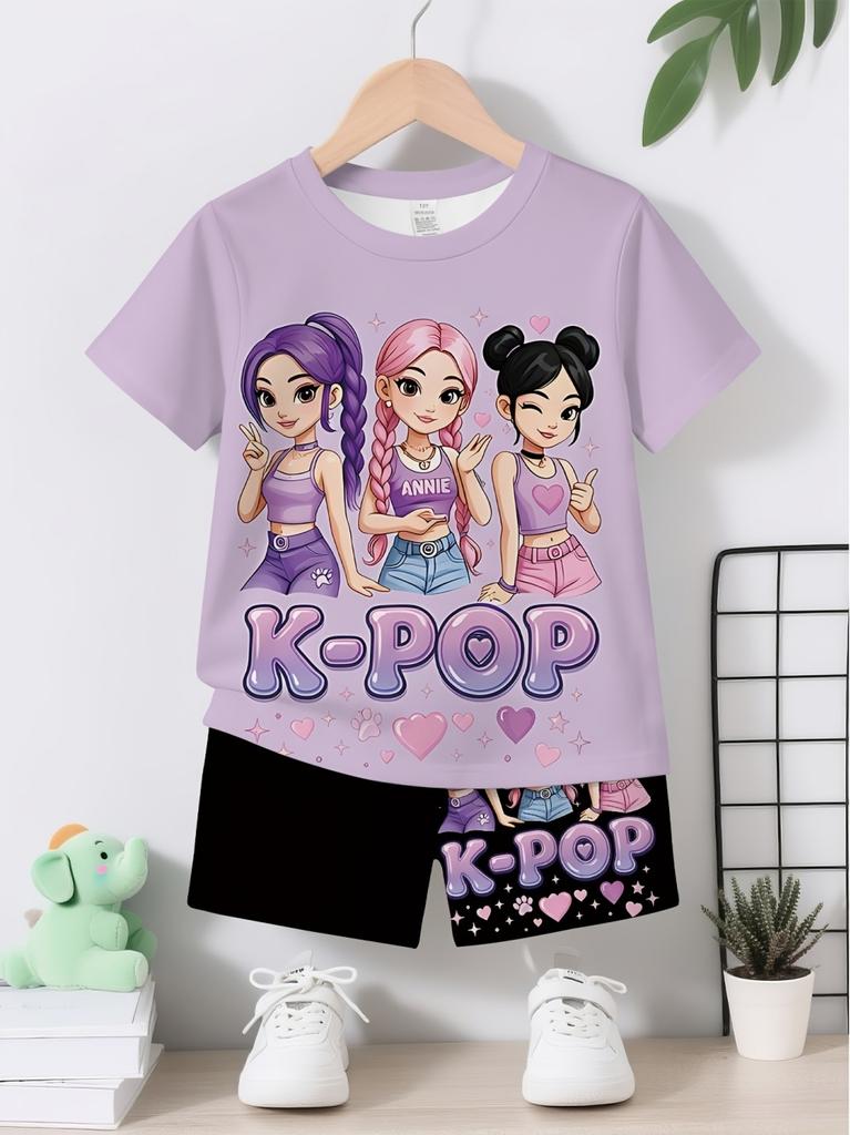 Summer Kpop Popular Cartoon Print Children Clothing Short Sleeve Shorts Set Featuring Casual Harajuku Children Clothes Girl Set