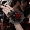 Formal Suit Dress Floral Decor Black Burgundy Rose Tulle Mesh Corsage for Bridal Groom, Gothic Retro Style Wedding Guest Boutonniere Artificial Flower