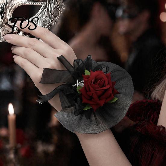 Formal Suit Dress Floral Decor Black Burgundy Rose Tulle Mesh Corsage for Bridal Groom, Gothic Retro Style Wedding Guest Boutonniere Artificial Flower