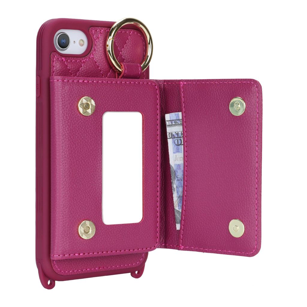 For iPhone SE (2022)/(2020)/8/7 Case with Lanyard/Mirror/Card Holder Grids Pattern RFID Blocking Phone Cover