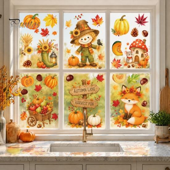 Harvest Festival Window Decor 6 Sheets Autumn Stickers, Thanksgiving Cartoon Static Cling Decorations with Fall Art Pumpkins Maple Leaves Scarecrows