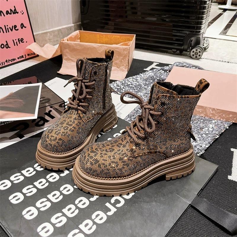 Rhinestone Martin boots for women's new leopard print full diamond luxury lace-up short boots round head thick sole muffin locomotive boots for women