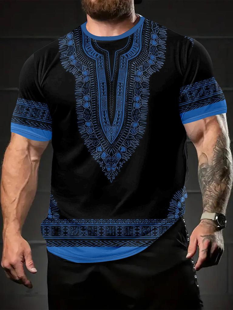 Men'S 3D African Print T-Shirt Summer Round Neck Short Sleeve Comfortable Breathable Outdoor Wear Ethnic Pattern Men'S Top Gift for Him
