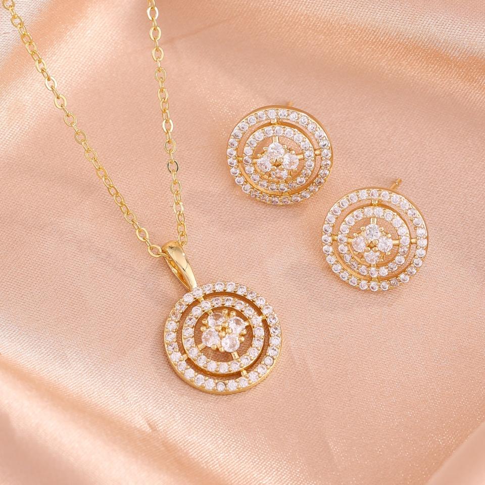ZAKOL Fashion Multi Layer Round Circle Zircon Earrings Necklace For Women Luxury Wedding Party Accessories Gift