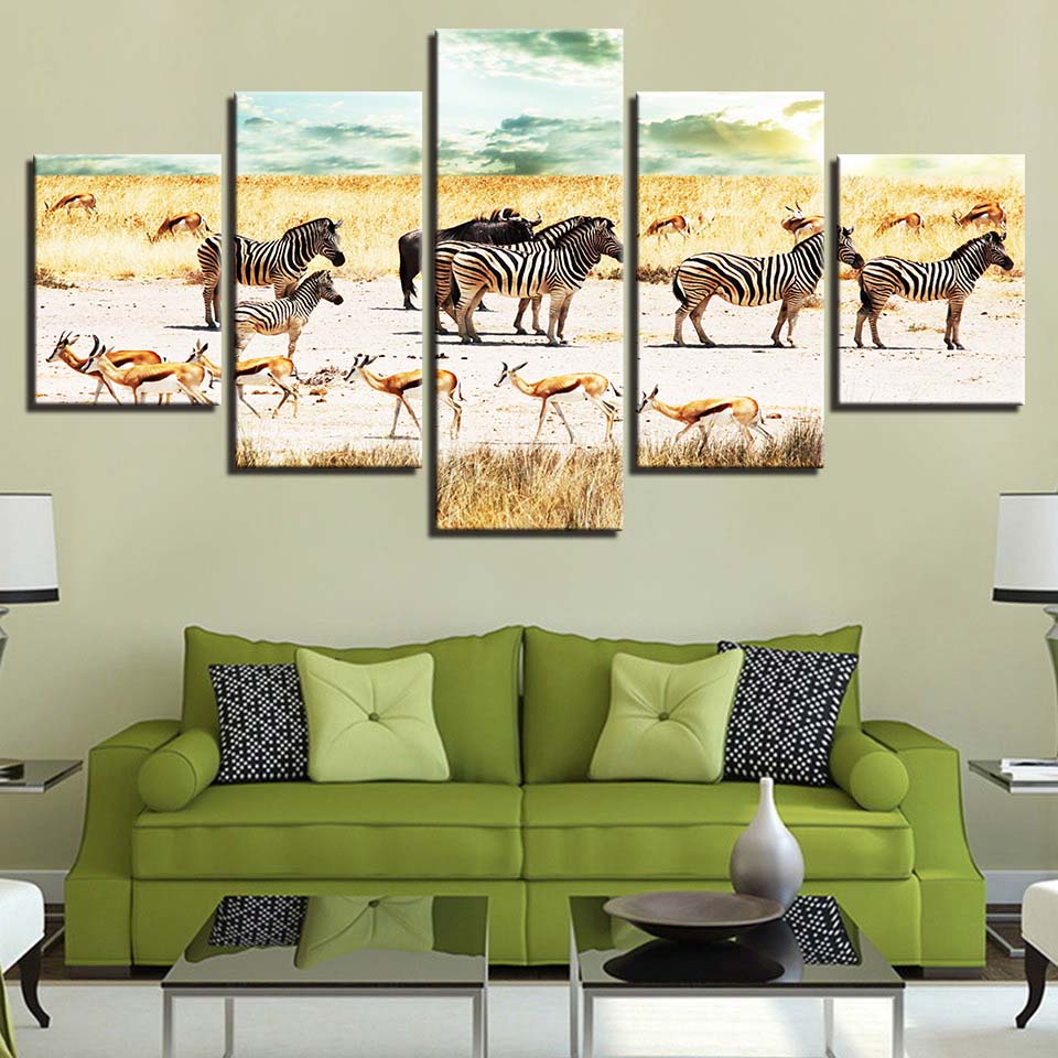 Modern Canvas Living Room Pictures Painting Wall Artwork 5 Panel Scorching Scorching African Zebra Goa HD Printed Modular Poster No Frame