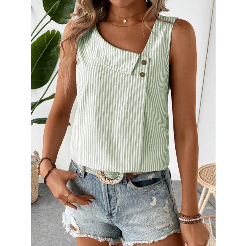 Ärmellose Gestreifte Schräger Halsausschnitt Damenbluse Neues Damen Casual Lockeres Oberteil Einfach Elegant Mode Süßes Büro-T-Shirt Streetwear Knöpfe Kleidung