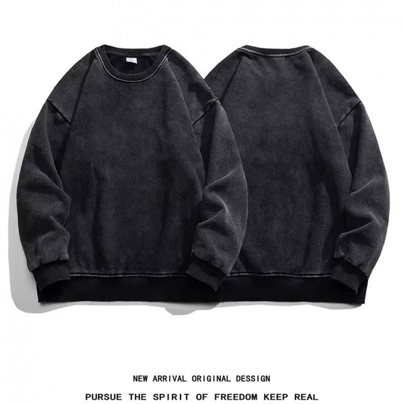 Women's Cotton Washed High Neck Retro Distressed Round Neck Hoodie (Pattern Individual)
