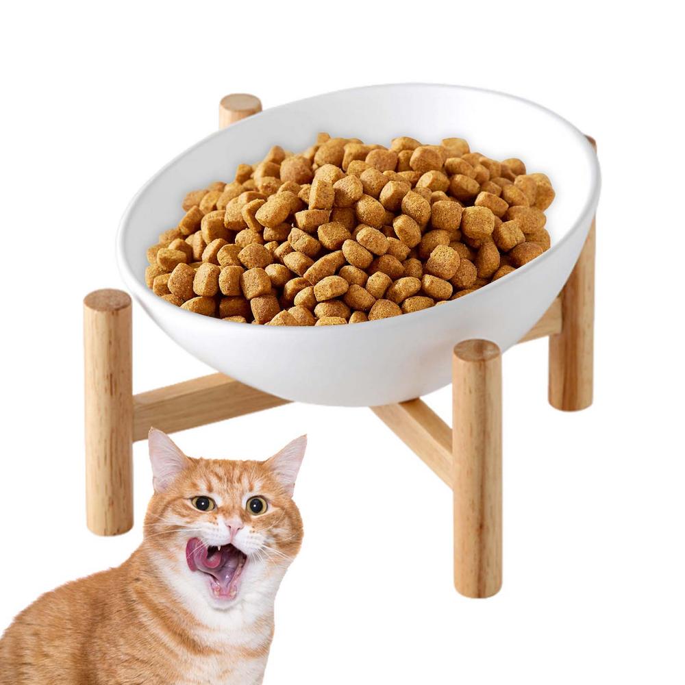 Raised Tilted Cat Bowl Spill Proof Ceramic Dog Dishes Anti Vomit Pet Bowl With Wood Stand Non Slip Dog Food Container For