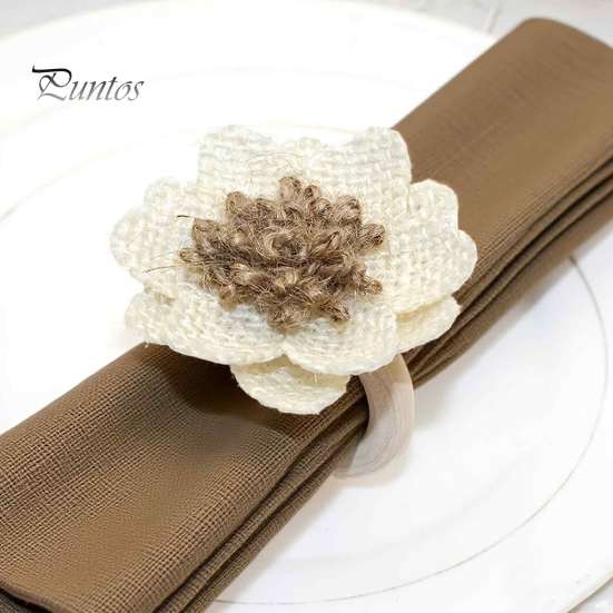 Pastoral Style Table Decor 6Pcs Linen Flower Napkin Rings, Wooden Ring Rustic Holders, Holiday Party Buckles Farmhouse Rings for Wedding Bridal Shower