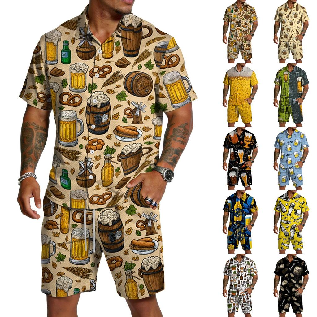 Herren Casual Kurzarmhemd und Shorts Set Bierfest Druck Knopfleiste Leichtes Sommeroutfit Entspannte Passform