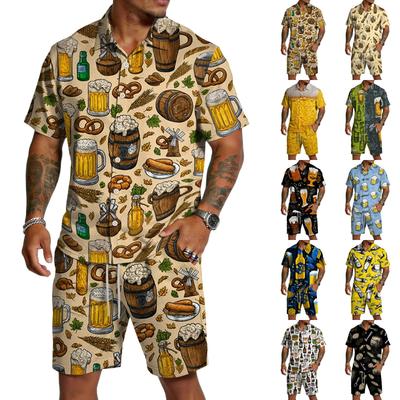 Men's Casual Short Sleeve Shirt and Shorts Set Beer Festival Print Button Down Shirt Lightweight Summer Outfit Relaxed Fit