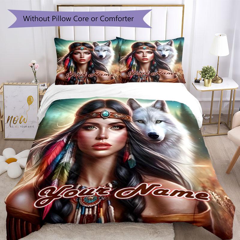 3pcs Custom Name Wolf Spirit Connection Bedding Set Printed Bedding Set Duvet Cover Closure Includes 1 Duvet Cover & 2 Pillowcases Bedroom Decor