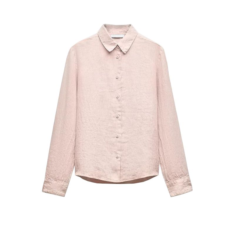 Spring New Lapel Long Sleeves Linen Blended Shirt 4877100 Mid Waist Shoelace Wide Leg Pants 4877101