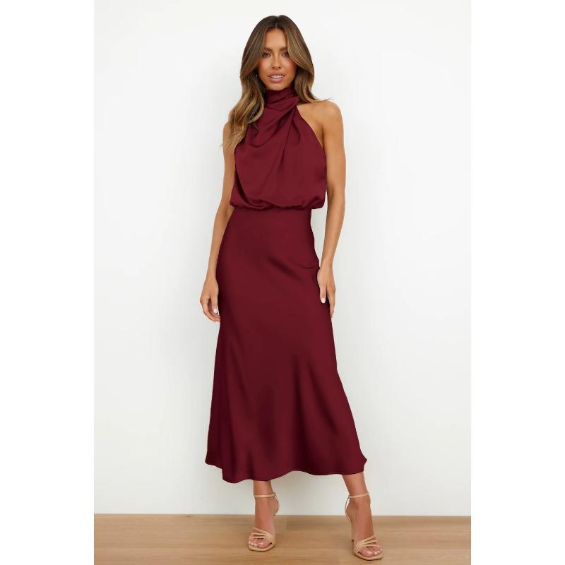 Europe, America, Spring and Summer New Solid Color High-end Satin Sleeveless Dress Fashionable and Elegant Temperament Light Evening Dress