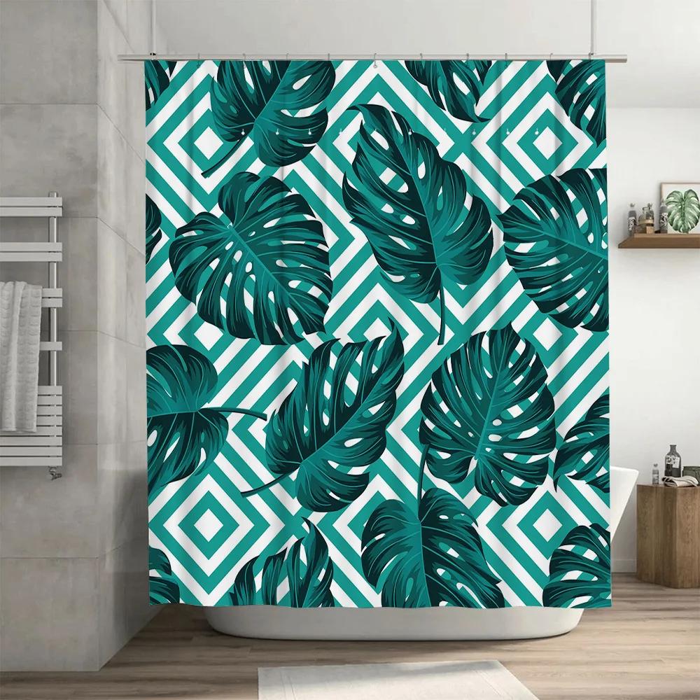 

Modern Geometric Monstera Leaf Shower Curtain Blue Green Floral Print Waterproof Fabric For Bathroom Decor W60H190(CM)-1 Pcs