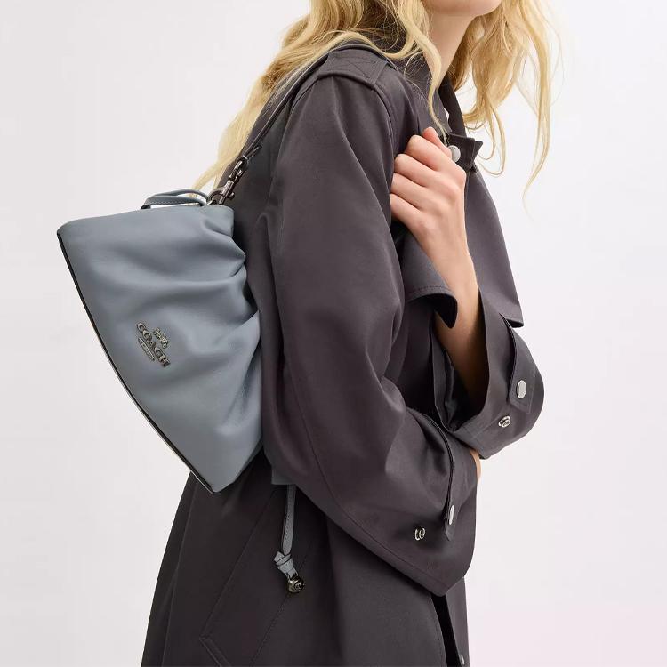 Coach Faye 26 Logo Drawstring Magnetic Closure Smooth Leather Cloud Bag Women Handbags Gray Blue CV529-QBN19