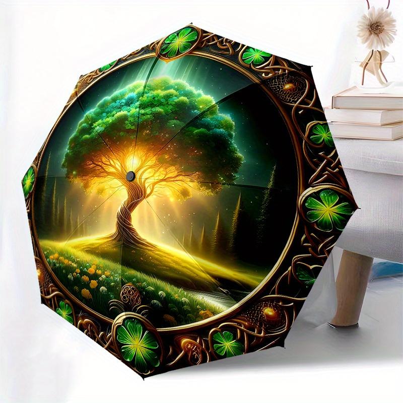 Four-Leaf Clover Framed Art Print: Nature's Luck Symbol Umbrella, Cute Umbrella with Cute Design, Portable 3-Fold Compact Umbrella for Men & Women, Va