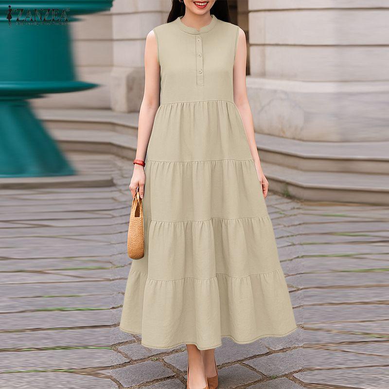 ZANZEA Women Casual Stand Collar Loose Summer Sleeveless Dress