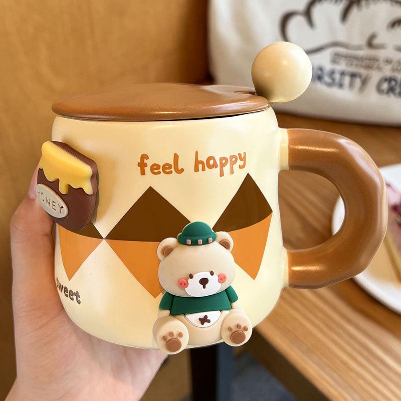 Nový hrnek s víčkem a lžičkou, roztomilý keramický hrnek pro pár, suvenýr, kreativní kancelářský hrnek na kávu a vodu